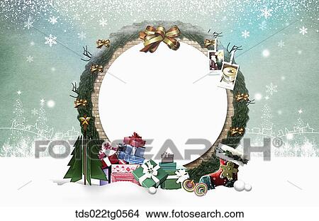 Stock Illustration - The circle tree frame with Christmas decorations around. Fotosearch