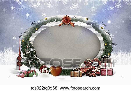 Stock Illustration - The circle tree frame with Christmas decorations around. Fotosearch