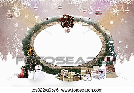 Stock Illustration - The circle tree frame with Christmas decorations around. Fotosearch