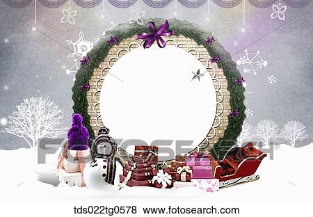 Stock Illustration - The circle tree frame with Christmas decorations around. Fotosearch