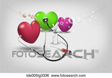 The colorful hearts with medical equipment around View Large Illustration Stock Illustration - The colorful hearts with medical equipment around . Fotosearch