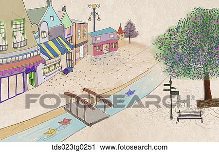 Clip Art - The colorful store and stream illustration . Fotosearch
