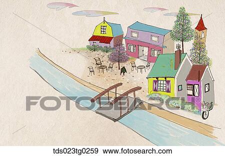 Stock Illustration - The colorful store and stream illustration . Fotosearch
