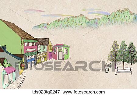 Stock Illustration - The colorful store and street illustration . Fotosearch
