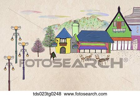 Stock Illustration - The colorful store and street illustration . Fotosearch