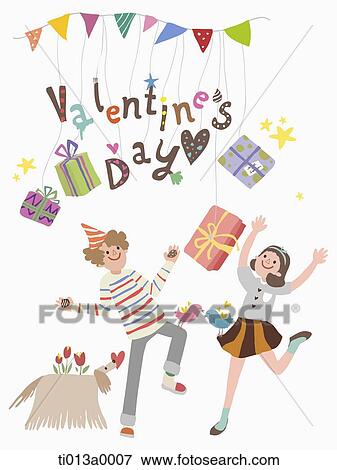 Stock Illustration - The couple and various gift box with the valentine's day word. Fotosearch