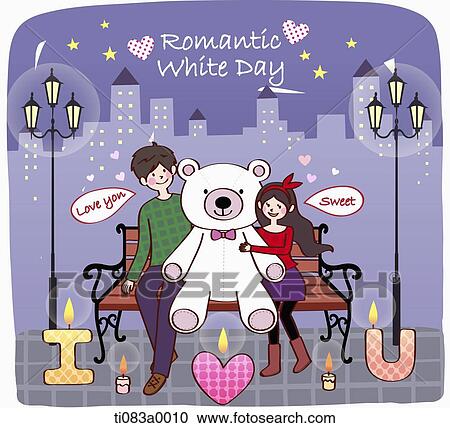 The couple and white teddy bear sitting on the bench View Large Illustration Clipart - The couple and white teddy bear sitting on the bench . Fotosearch