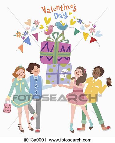 Clip Art - The couple around the gift box with the valentine's day word. Fotosearch