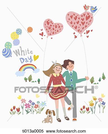Stock Illustration - The couple holding the heart balloon with the white day word. Fotosearch
