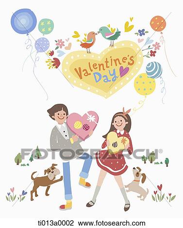 Drawing - The couple holding the heart box with the valentine's day word. Fotosearch
