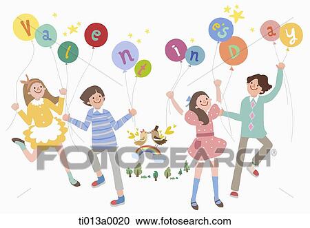 The couple holding the valentine's day written balloons View Large Illustration Clipart - The couple holding the valentine's day written balloons. Fotosearch