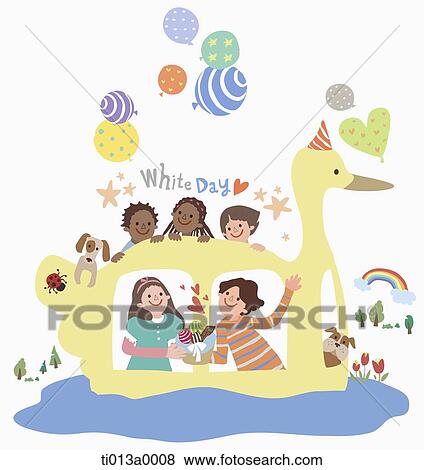 Stock Illustration - The couple in the duck boat with the white day word. Fotosearch
