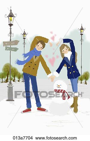 Stock Illustration - The couple making heart together with the snowman around. Fotosearch