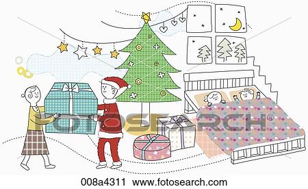 Clip Art - The couple placing the Christmas present beside the sleeping Children. Fotosearch