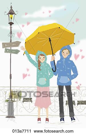 Clip Art - The couple sharing the yellow umbrella together . Fotosearch
