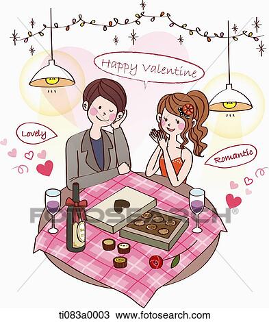The couple sitting on the table on the valentine's day View Large Illustration Drawing - The couple sitting on the table on the valentine's day. Fotosearch