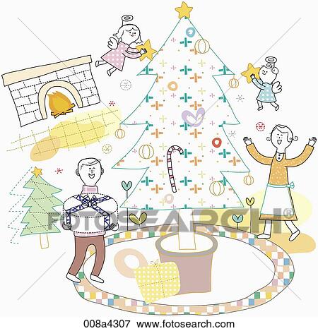 Stock Illustration - The couple with the Christmas tree and the angels. Fotosearch