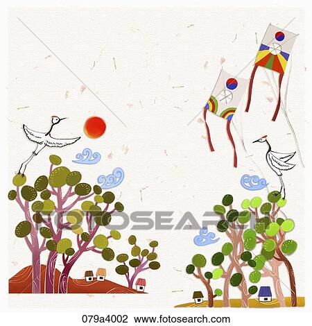The crane and kite over the green tree View Large Illustration Drawing - The crane and kite over the green tree. Fotosearch