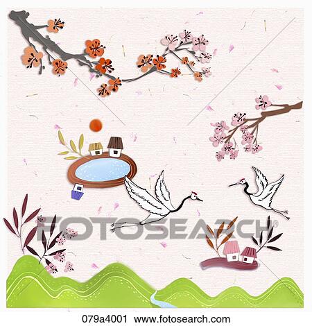 The crane around blossom tree, house, and mountain View Large Illustration Clip Art - The crane around blossom tree, house, and mountain . Fotosearch