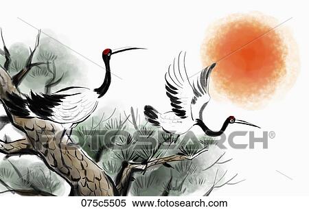 Stock Illustration - The crane on the pine tree with the red sun. Fotosearch