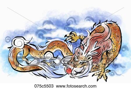 The dragon holding the red precious stone in his mouth View Large Illustration Drawing - The dragon holding the red precious stone in his mouth. Fotosearch