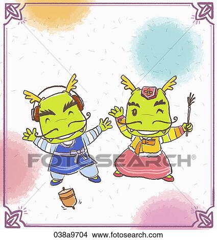 Stock Illustration - The dragon playing Korean traditional top game . Fotosearch