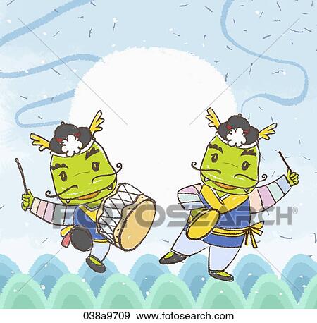 Stock Illustration - The dragon playing Korean traditional Samulnori. Fotosearch