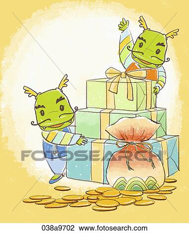 The dragon with the lucky bag and present View Large Illustration Drawing - The dragon with the lucky bag and present. Fotosearch