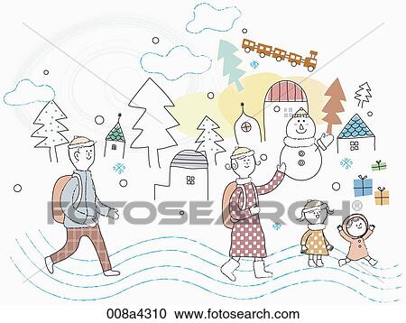 Clipart - The family in winter clothes with the snowy town. Fotosearch