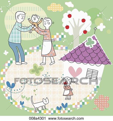 Clip Art - The family on the yard with purple house. Fotosearch