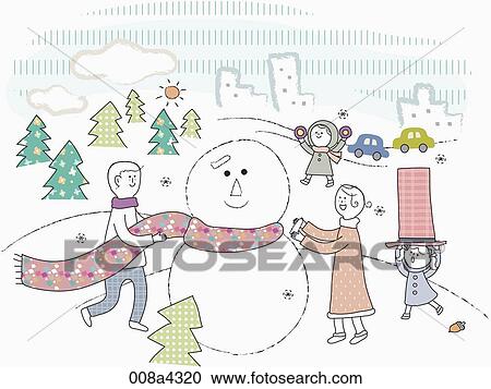 Clipart - The family putting clothes on the snowman . Fotosearch