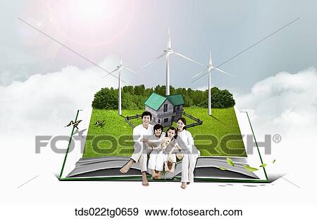 The family sitting on the green book with the wind power plant View Large Illustration Stock Illustration - The family sitting on the green book with the wind power plant . Fotosearch