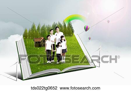 Drawing - The family standing on the green book with the wind power plant around. Fotosearch