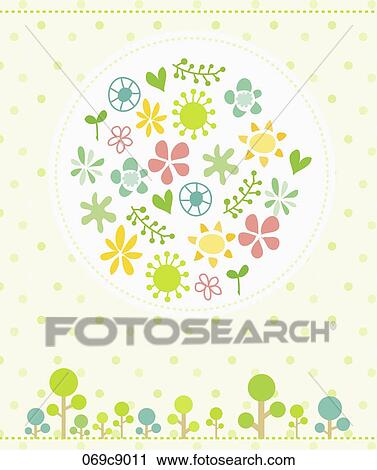 The flower and leaf in green dot lined circle with green polka dot background View Large Illustration Clip Art - The flower and leaf in green dot lined circle with green polka dot background. Fotosearch
