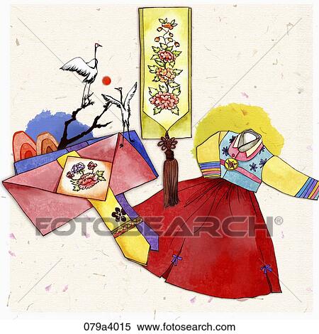 The flower decoration, crane, traditional envelope, and Korean traditional clothes View Large Illustration Stock Illustration - The flower decoration, crane, traditional envelope, and Korean traditional clothes . Fotosearch