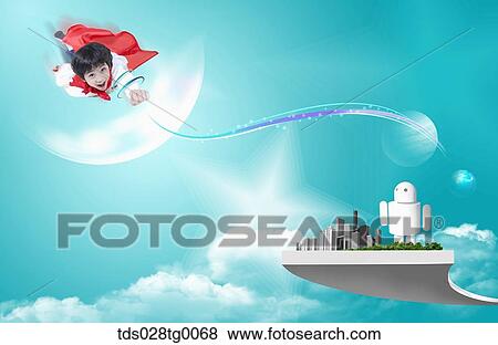 Stock Illustration - The flying boy, robot and building on the white floor with blue background. Fotosearch