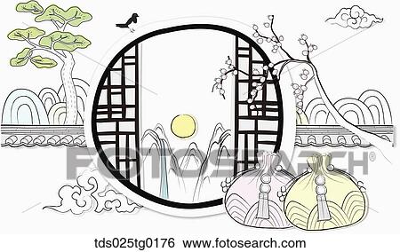 Stock Illustration - The full moon and mountain between the traditional door with the luck bags around. Fotosearch