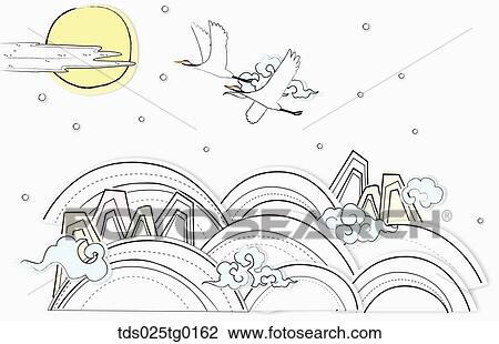 The full moon, flying crane, and mountain illustration View Large Illustration Drawing - The full moon, flying crane, and mountain illustration . Fotosearch