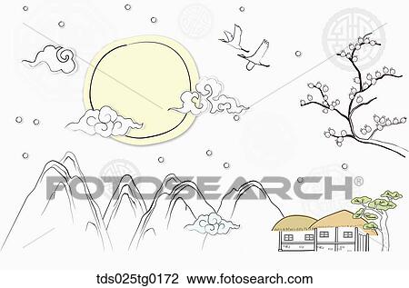 The full moon, flying crane, mountain, blossom tree, traditional house illustration View Large Illustration Drawing - The full moon, flying crane, mountain, blossom tree, traditional house illustration . Fotosearch