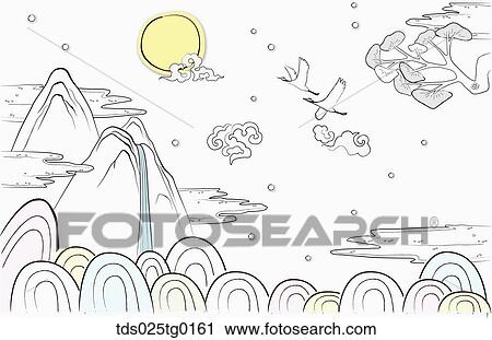 Clip Art - The full moon, flying crane, pine, and mountain illustration . Fotosearch