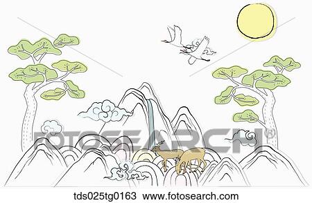 Drawing - The full moon, flying crane, pine, mountain, and deer illustration . Fotosearch