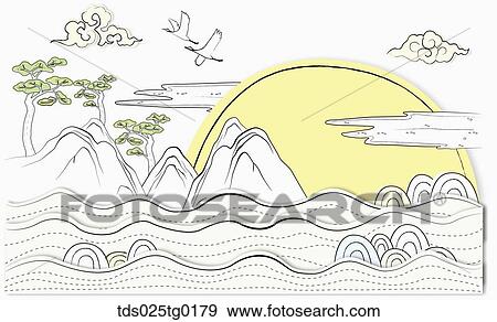 Stock Illustration - The full moon, flying crane, pine, mountain, and wave illustration . Fotosearch