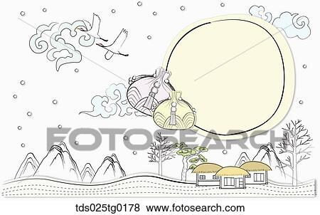 Stock Illustration - The full moon, lucky bags, flying crane, and traditional landscape illustration . Fotosearch