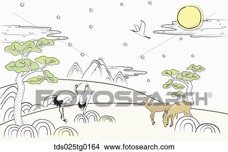 Stock Illustration - The full moon, mountain, pine, crane, and deer illustration . Fotosearch