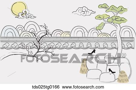 The full moon, mountain, pine, traditional wall, and jar illustration View Large Illustration Stock Illustration - The full moon, mountain, pine, traditional wall, and jar illustration . Fotosearch