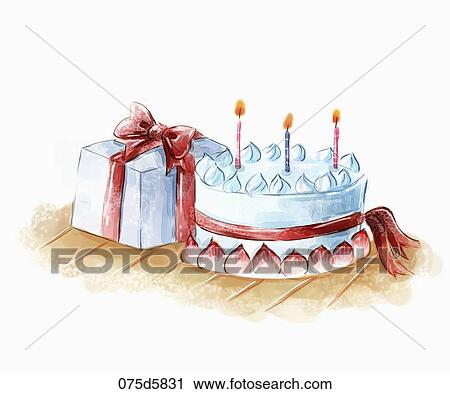 The gift box and lighted cake with red ribbon View Large Illustration Clip Art - The gift box and lighted cake with red ribbon. Fotosearch