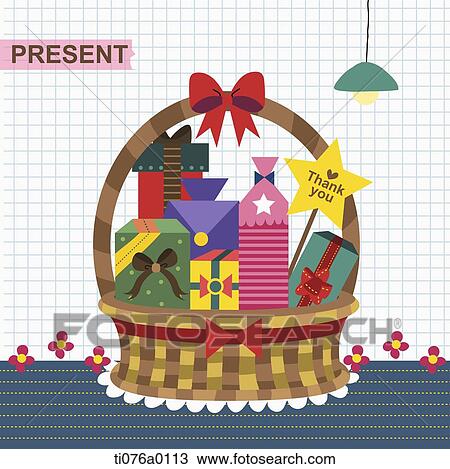 The gift boxes in the basket with present word View Large Illustration Drawing - The gift boxes in the basket with present word. Fotosearch