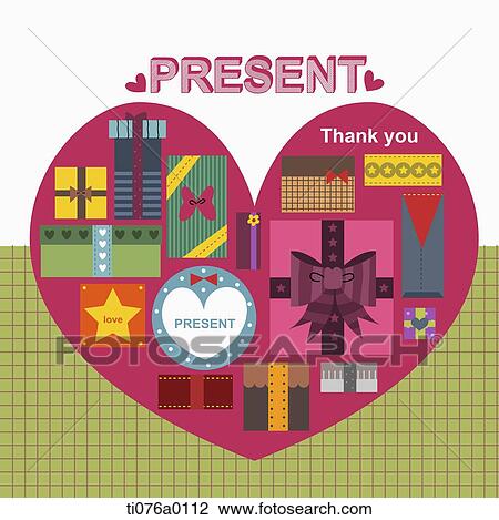 The gift boxes in the pink heart with present word View Large Illustration Drawing - The gift boxes in the pink heart with present word. Fotosearch