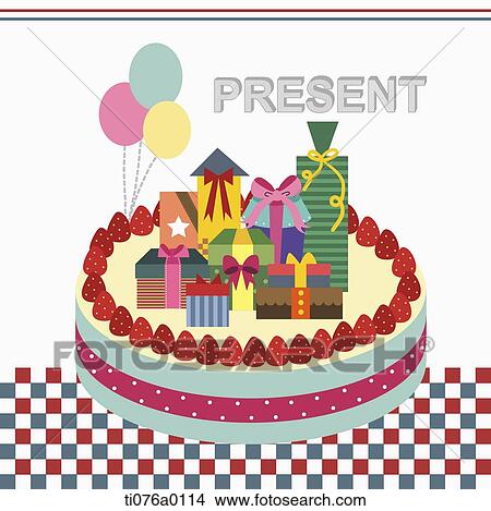 The gift boxes on the strawberry cake with present word View Large Illustration Stock Illustration - The gift boxes on the strawberry cake with present word. Fotosearch