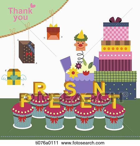 Clip Art - The gift boxes with Thank you word and present cupcake. Fotosearch